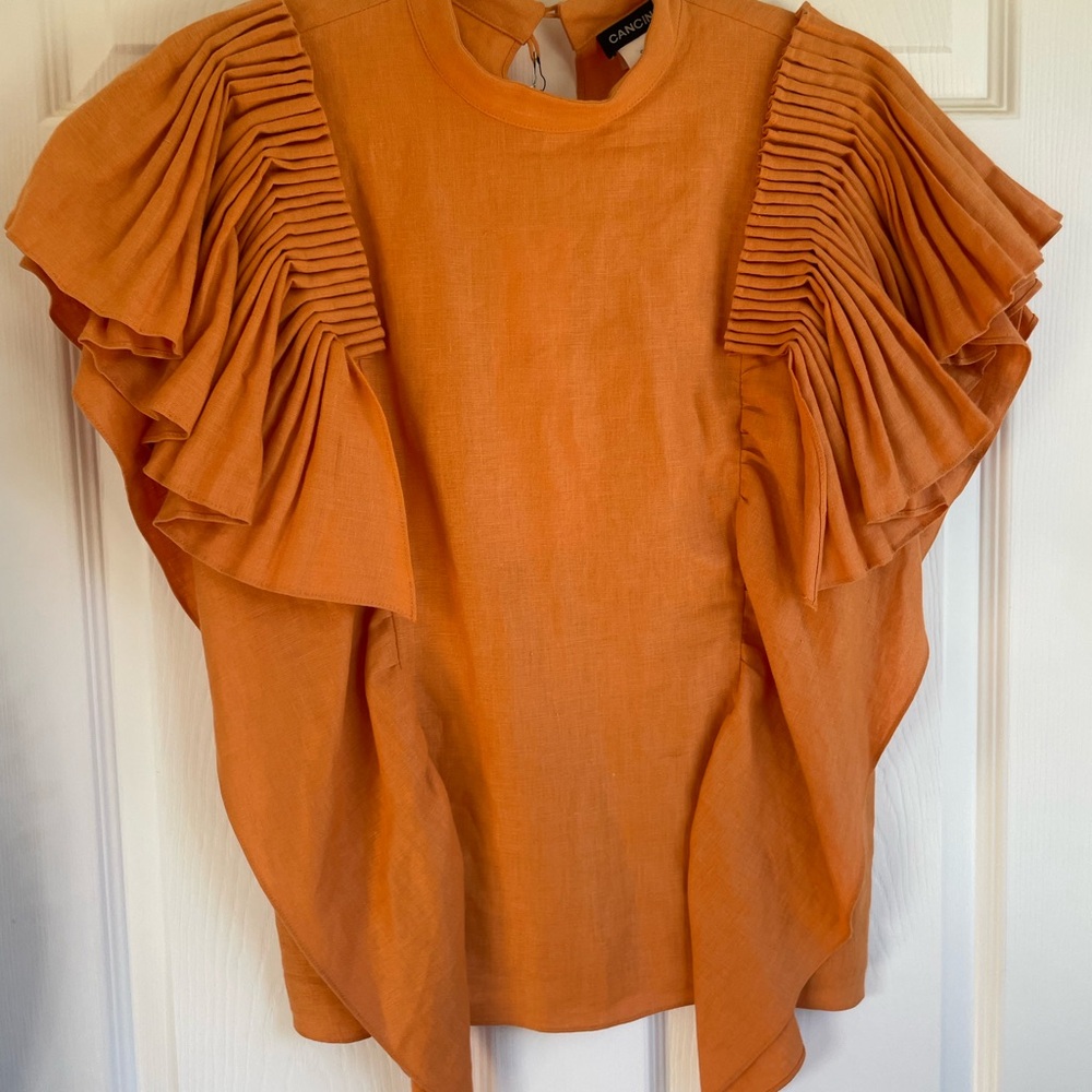 Orange Ruffled Sleeve linen Top